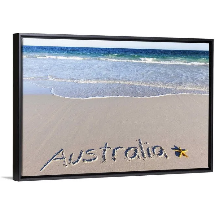 "Australia written on a sandy beach with a yellow starfish" Black Float Frame Canvas Art