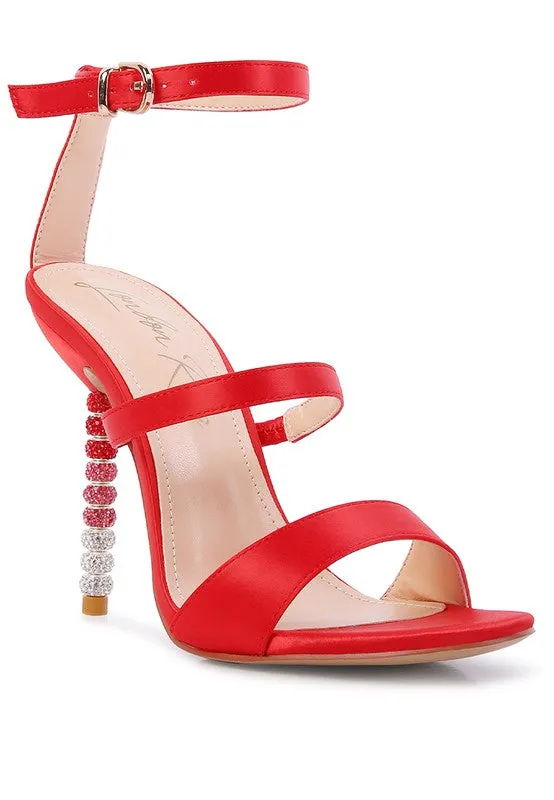 RHINESTONE BALL HEEL SATIN SANDALS