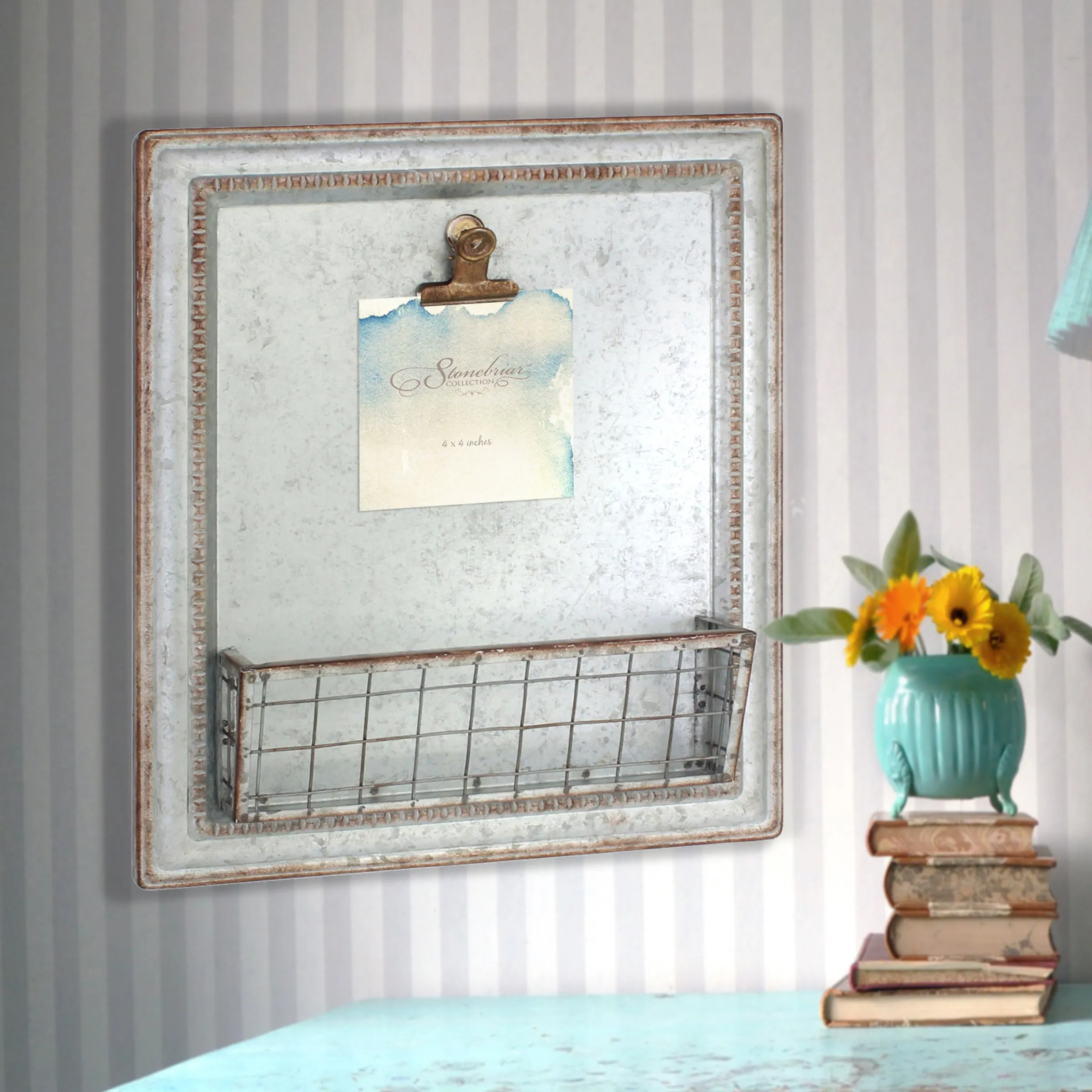 Rustic Galvanized Metal Magnetic Memo Board for Wall with Clip and Wire Basket (WS)