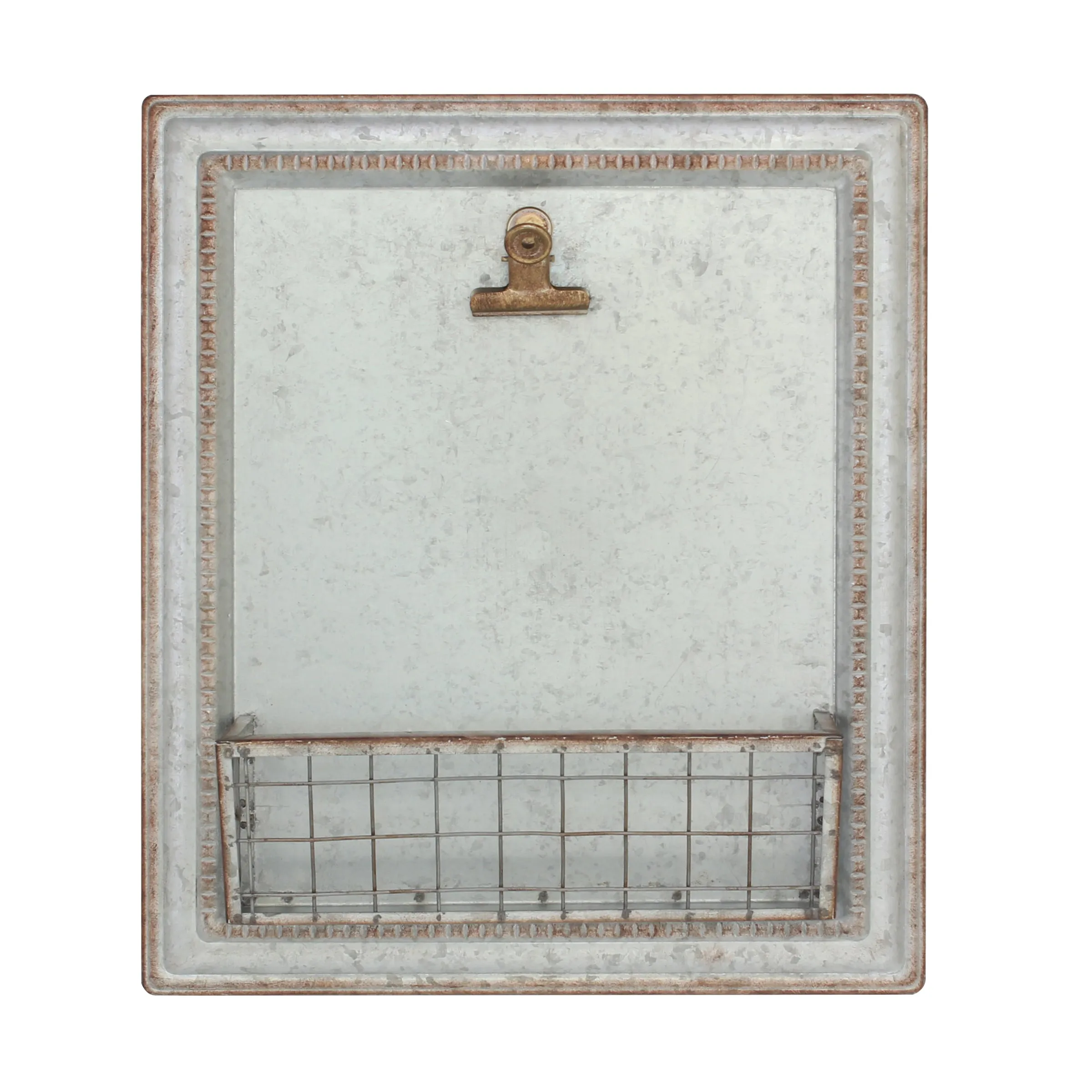 Rustic Galvanized Metal Magnetic Memo Board for Wall with Clip and Wire Basket