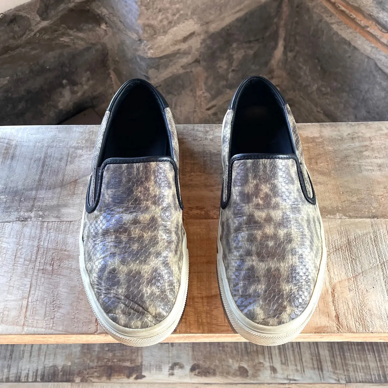 Saint Laurent Paris Snake Embossed Leather Slip-on Skate Sneakers