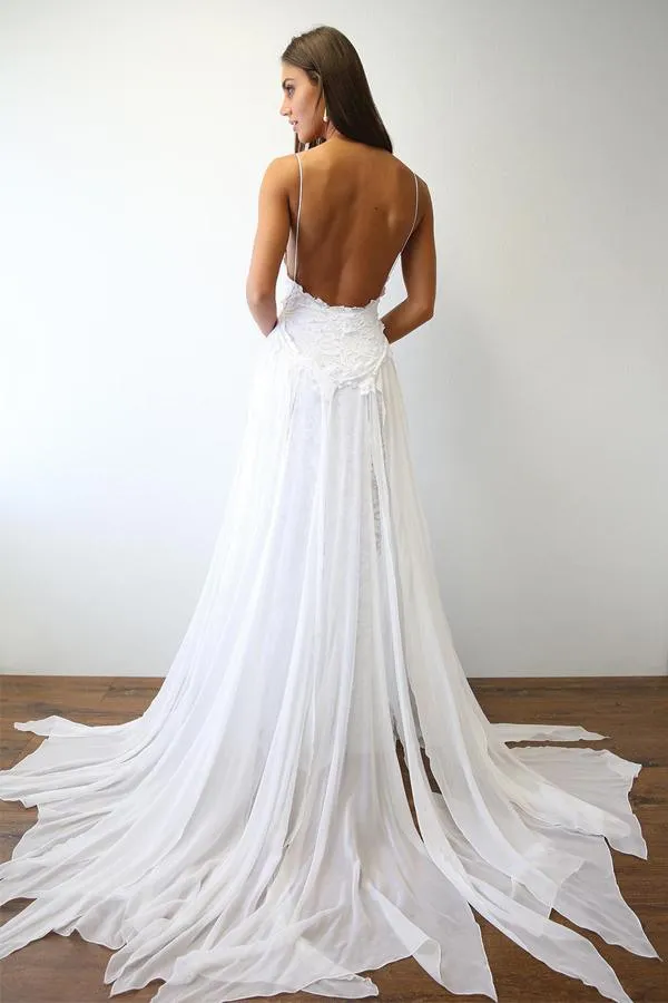 Sexy Spaghetti Straps White Long Beach Wedding Dress  WD5013