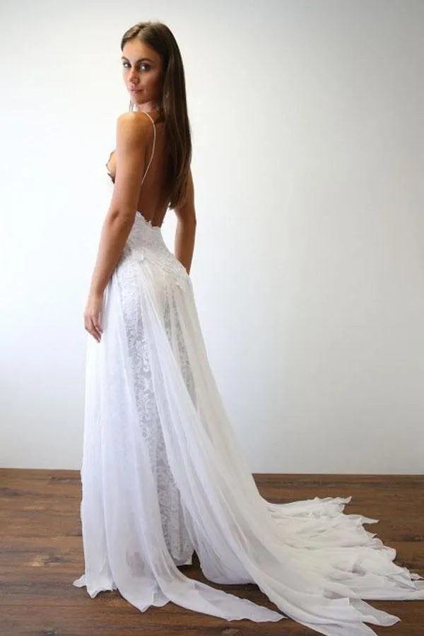 Sexy Spaghetti Straps White Long Beach Wedding Dress  WD5013