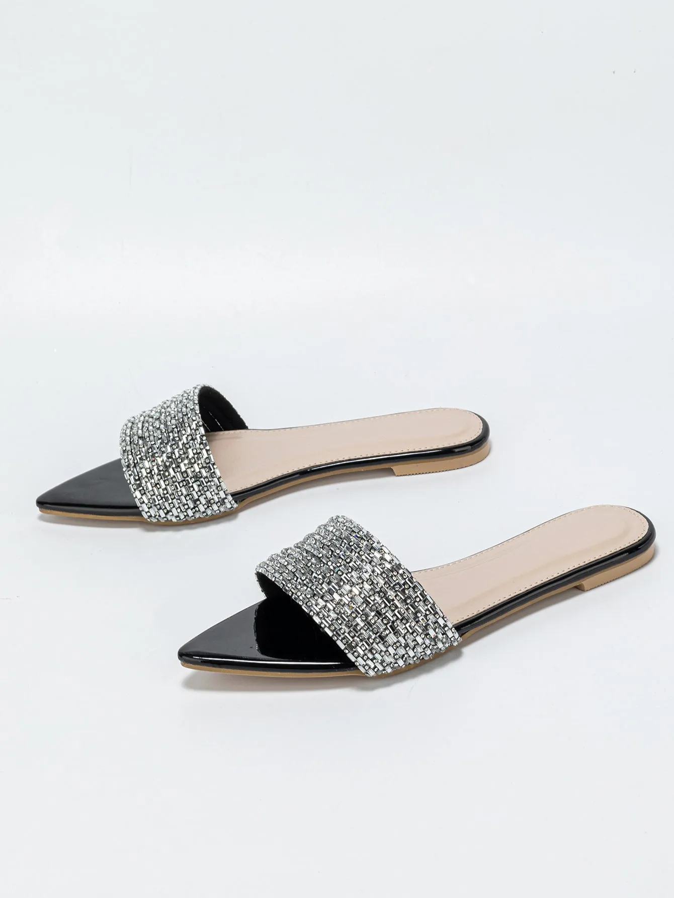 Suedette Rhinestone Slide Flat Sandals
