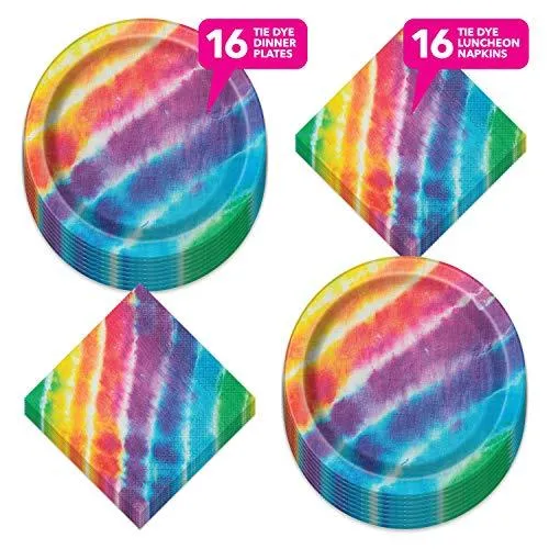 Tie Dye Rainbow Paper Plates and Napkins - 60's Decades, and Hippie Party (Serves 16)