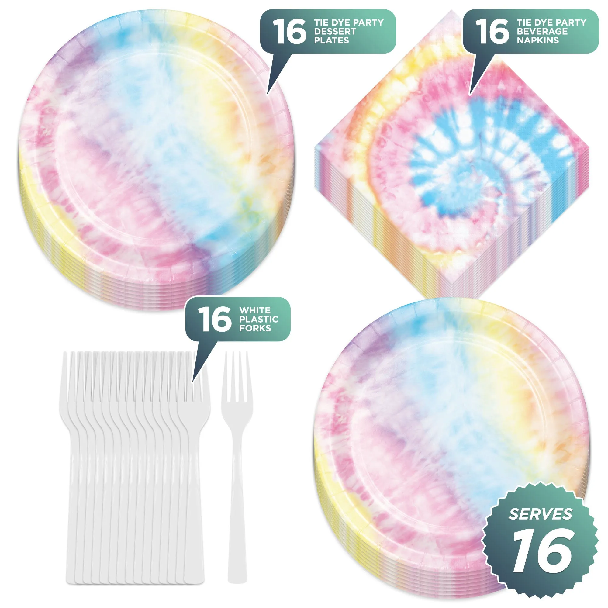 Tie Dye Swirl Paper Dessert Plates, Beverage Napkins, and Forks - Beach Bum, 60's Decades, and Hippie Theme Party Supplies (Serves 16)