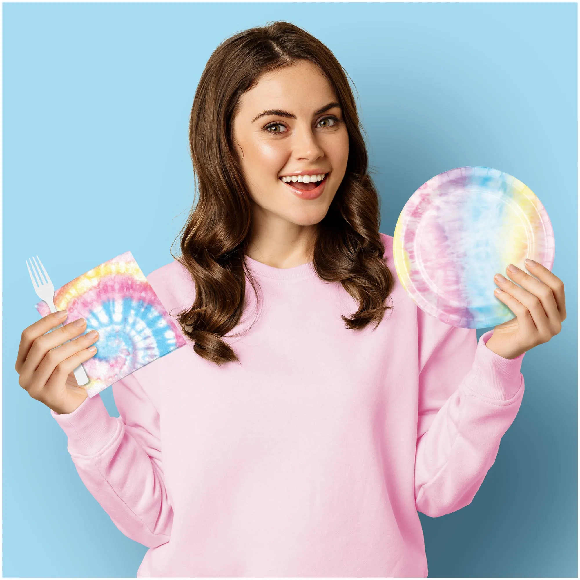 Tie Dye Swirl Paper Dessert Plates, Beverage Napkins, and Forks - Beach Bum, 60's Decades, and Hippie Theme Party Supplies (Serves 16)