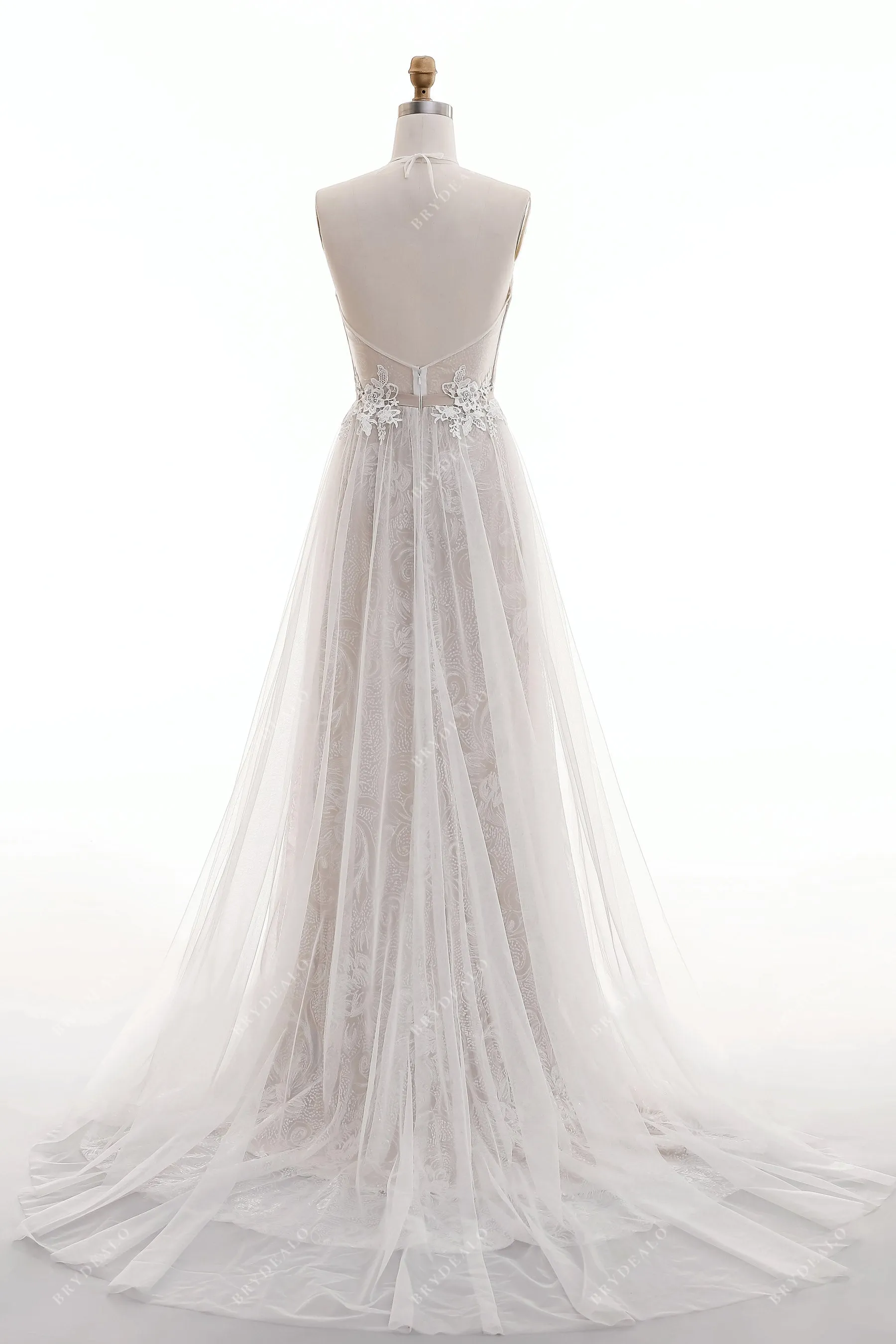 Twinkling Dreamy Halter Neck Lace Designer Nude Beach Wedding Dress