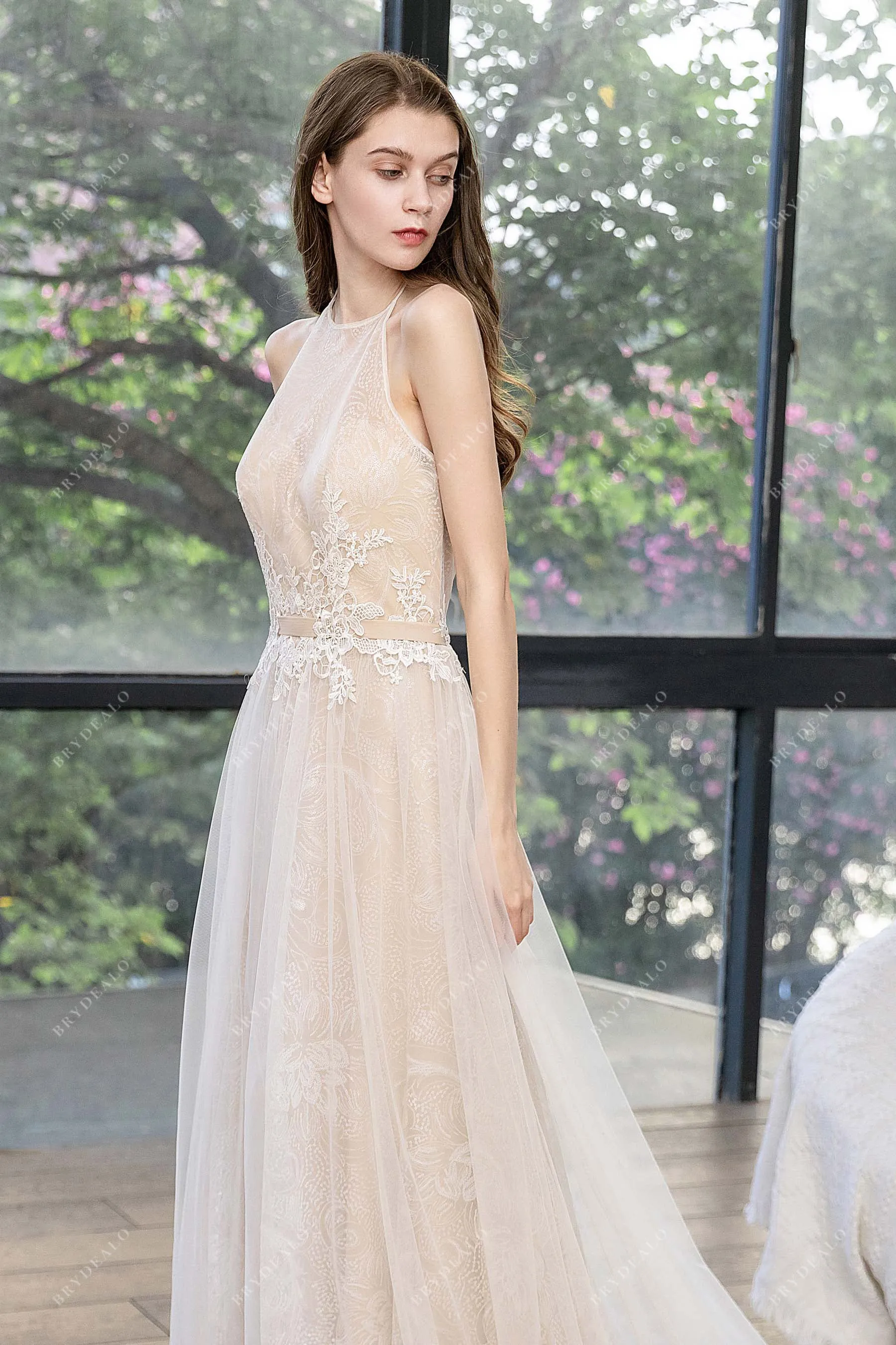 Twinkling Dreamy Halter Neck Lace Designer Nude Beach Wedding Dress