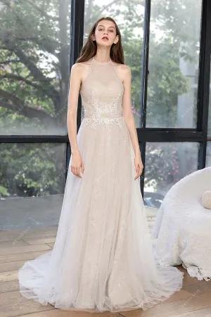Twinkling Dreamy Halter Neck Lace Designer Nude Beach Wedding Dress