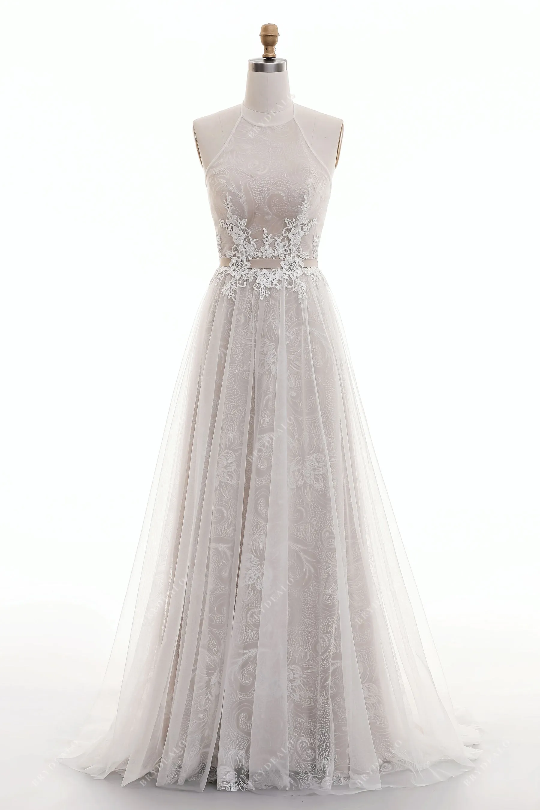 Twinkling Dreamy Halter Neck Lace Designer Nude Beach Wedding Dress