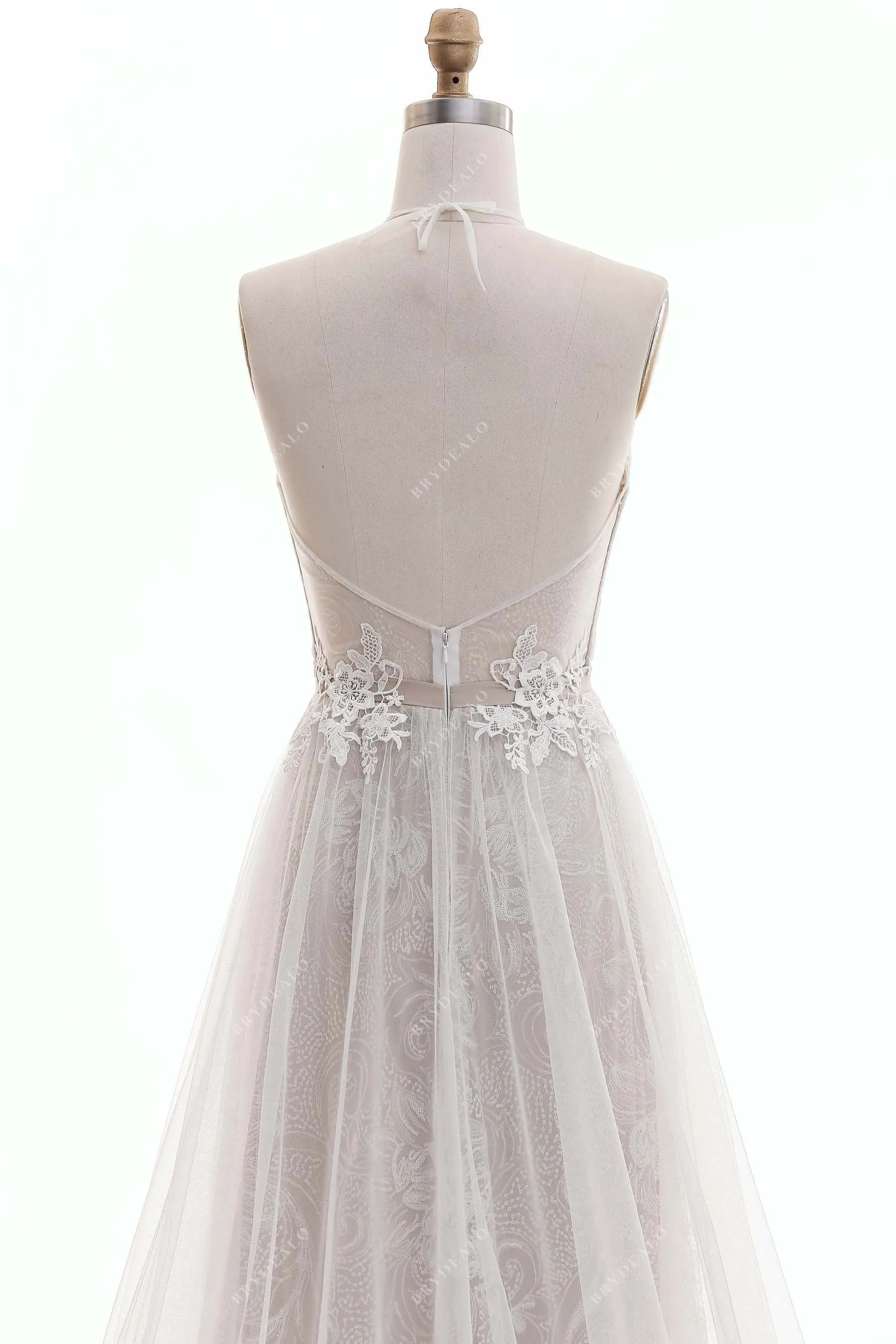 Twinkling Dreamy Halter Neck Lace Designer Nude Beach Wedding Dress