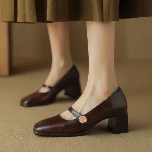 Vintage Style Solid Color Round Toe Square Heel Shoes
