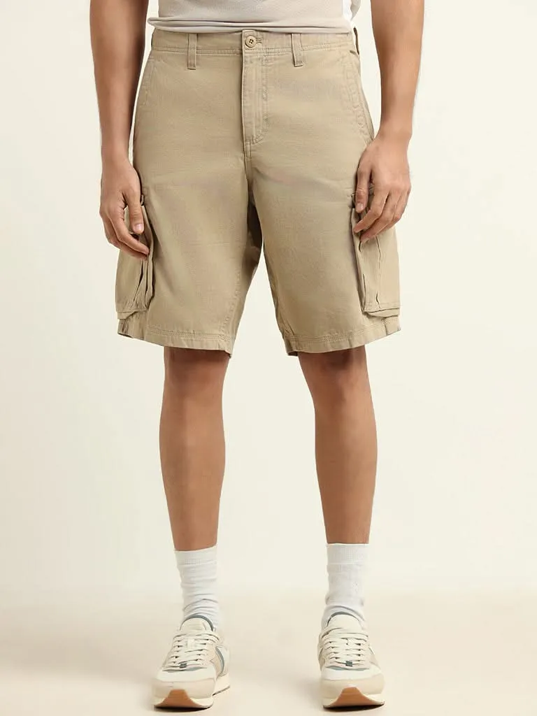 WES Casuals Beige Relaxed Fit Cargo Shorts
