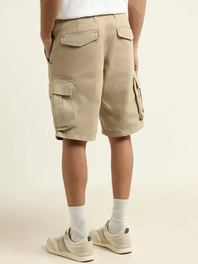 WES Casuals Beige Relaxed Fit Cargo Shorts